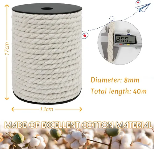 Vista 2 de JeogYong Cordón de macramé de 8mm, 131 pies de cuerda de macramé natural, hilo de algodón trenzado de 3 hebras para manualidades, colgantes