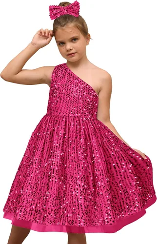Vista 2 de GRACE KARIN Vestido de lentejuelas para niñas, vestido de fiesta de boda de un hombro con lazo para el pelo, 5-12 años