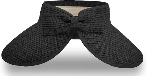 Vista 19 de Visera solar de paja para mujer, ala ancha, protección UPF 50+, sombrero de playa, ajustable, plegable, gorra de cola de caballo con correa