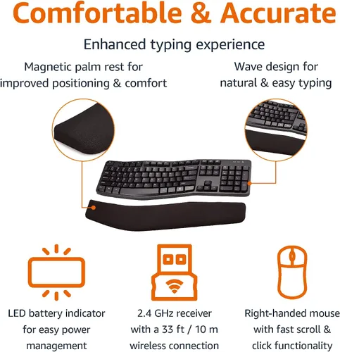 Vista 3 de Amazon Basics Combo ergonómico de teclado y mouse inalámbricos para un uso cómodo de PC y portátil, USB de 2.4 GHz, color negro