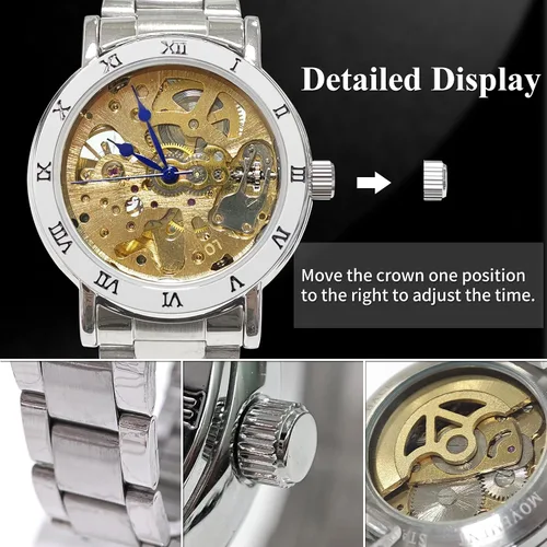 Vista 14 de Gute IK - Reloj automático para mujer, Steampunk con cuerda automática, pulsera plateada mecánica