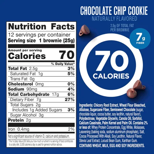 Vista 2 de Fiber One Brownies de 70 calorías, barras de bocadillos de galletas con chispas de chocolate, 2g de azúcar, paquete de valor, 12 unidades, 10.6 oz