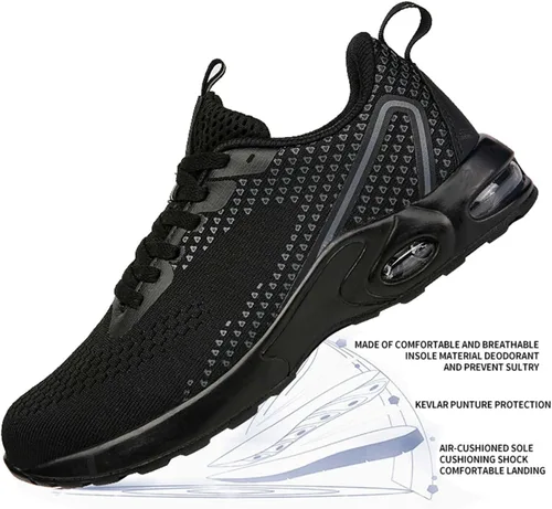 Vista 4 de NIFOFISE Zapatos de punta de acero para mujeres y hombres, zapatos de trabajo de seguridad, zapatillas de deporte con punta compuesta antideslizantes