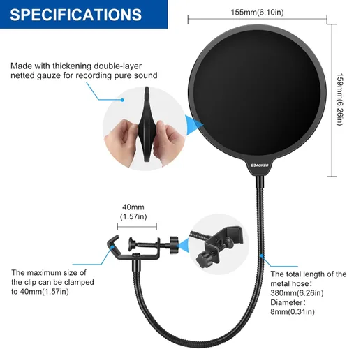 Vista 6 de Filtro pop profesional para micrófono, máscara protectora para Blue Yeti y cualquier otro micrófono, pantalla pop de viento de doble capa con clip