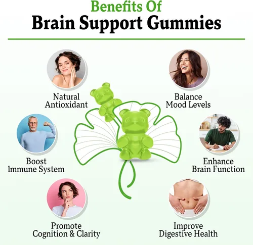 Vista 4 de Ginkgo Biloba - Gomitas de 240 mg con Panax Ginseng para un mejor estado de ánimo y concentración, mejora la salud cerebral, 60 gomitas veganas