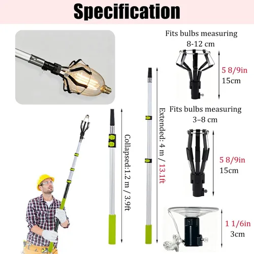 Vista 2 de Tall Reach Light Bulb Changer with Telescopic Extension Pole, Universal Lightbulb Rod Changer for Patio Outdoor Offices Lights, Light Hanger