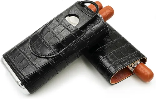Vista 3 de Estuche de cigarros negro con cortador, soporte portátil de cuero para cigarros de viaje y kit de humidificador pequeño para hombres