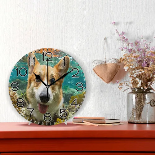 Vista 2 de Reloj de pared con aspecto corgi, funciona con pilas, silencioso, de cuarzo, analógico, rústico, estilo rural, redondo, decoración retro