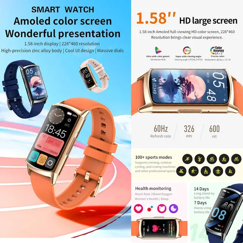 Vista 2 de ZPIMY AMOLED - Reloj inteligente de 1.58 pulgadas para mujer (llamada/respuesta de llamada), reloj inteligente impermeable 5ATM para hombre Oro