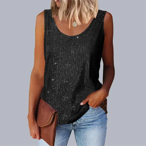 Vista 2 de Camisetas de lentejuelas para mujer, sin mangas, cuello redondo, brillante, sexy, para fiesta, camiseta sin mangas brillante