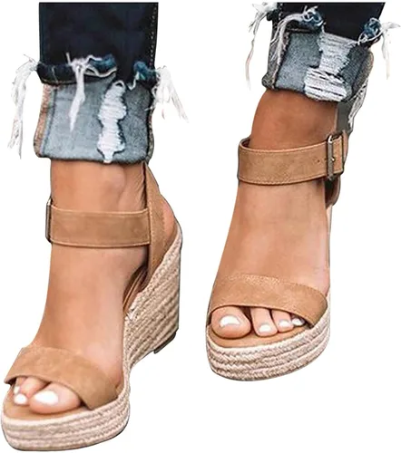 Vista 2 de Fululuer Sandalias de cuña para mujer, alpargatas para mujer, sandalias elegantes de verano con hebilla en el tobillo, sandalias de verano