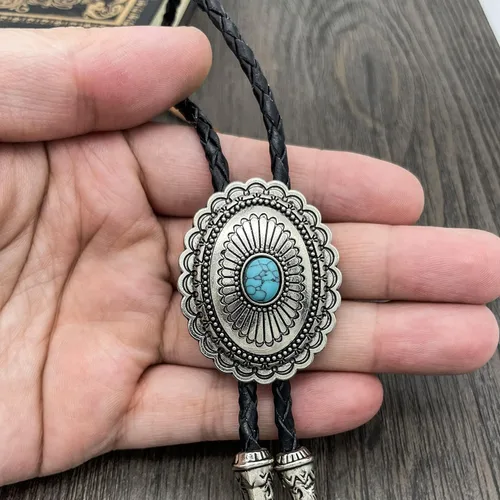 Vista 6 de YOQUCOL Vintage American Western Cowboy Indian Art Stone Genunie Leather Bolo Tie Para Hombres Mujeres
