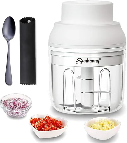 Vista 10 de Picadora eléctrica de ajos, trituradora de ajo eléctrica, procesador de alimentos pequeño con pelador de ajo y cuchara, 3.4 fl oz, gris