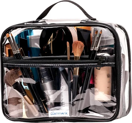 Vista 6 de Olanmark Neceser transparente aprobado por la TSA - Bolsa de maquillaje transparente grande para viaje, Claro