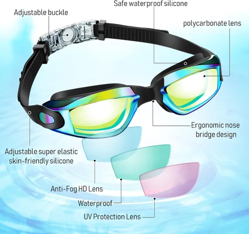 Vista 2 de Flutesan Paquete de 6 gafas de natación para adultos y niños, anti niebla, con tapones para los oídos, clip para la nariz, sin fugas, protección