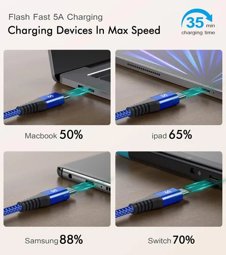 Vista 5 de Cable USB C a USB C de 100 W de carga rápida de nailon trenzado de 3.3 pies, paquete de 2 unidades, azul sweguard Cable de carga tipo C
