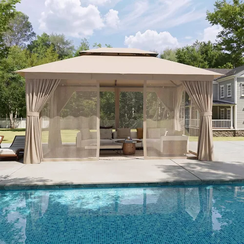 Vista 10 de Aoxun 8'x8' Outdoor Gazebo Metal Frame Canopy Tent with Curtains (Gray)