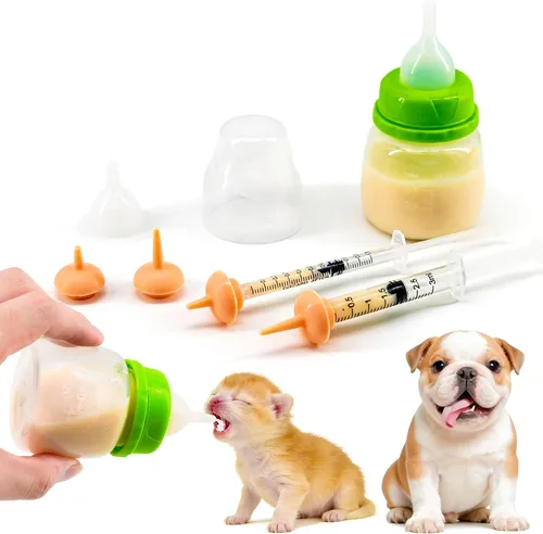 Vista 7 de Juego de biberón y jeringa para mascotas para cachorros y gatitos (1 botella, 2 jeringas, 6 pezones) azul
