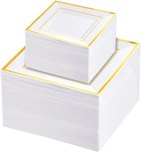 Vista 20 de Liacere 100 platos cuadrados de plástico blanco y plateado, 50 platos de cena blancos resistentes de 9.5 pulgadas y 50 platos de postre de 6 Blanco