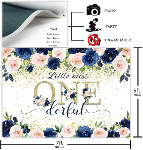 Vista 2 de Avezano Miss Onederful - Telón de fondo para fotografía de fiesta de primer cumpleaños, color azul marino, rosa, para fiesta de primer cumpleaños
