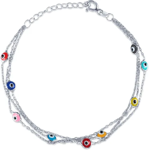 Vista 5 de Pulseras de plata de ley 925 con protección de cadena de triple capa, pulsera azul Ojo Turco para mujer, joyería bohemia delicada para mujer