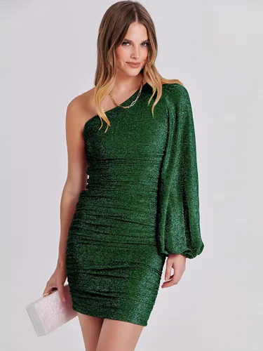 Vista 8 de ANRABESS Vestido corto de cóctel de un hombro para mujer, con purpurina, sexy, fruncido, entallado, para fiesta, graduación, vestido corto formal