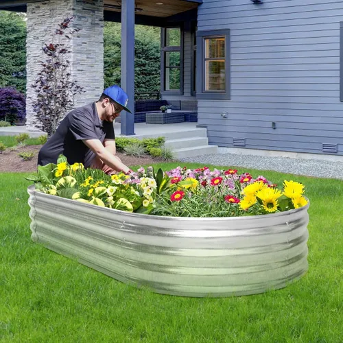 Vista 7 de HKLGorg Cama de jardín elevada galvanizada, caja de metal galvanizado de 6 x 3 x 1 pies, macetero ovalado grande elevado para flores, verduras