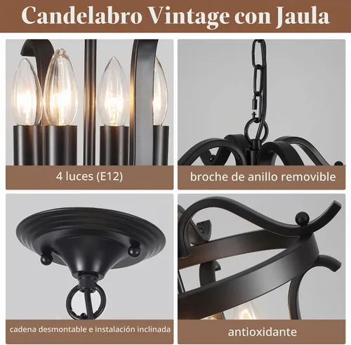Vista 7 de Candelabro negro de granja, 4 lámparas de techo para comedor Lámpara colgante de jaula vintage para comedor, cocina, entrada, pasillo, vestíbulo