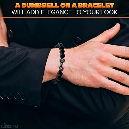 Vista 6 de Lava Beads Gym Bracelets for Men - 8mm Lava Rock Bracelet Natural Stone, Men Stretch Bracelet Bead Bracelet for Women- Alloy Dumbbell Bracelet