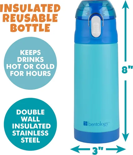 Vista 3 de Bentology - Botella de agua reutilizable de acero inoxidable de 13 onzas para niños, color azul