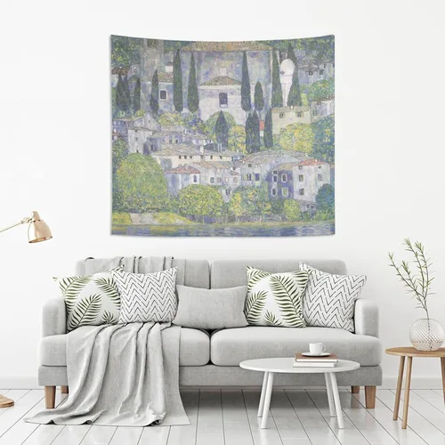Vista 2 de AHOMY Tapiz artístico de Gustav Klimt Church in Cassone, tapiz para colgar en la pared, paisajes naturales, tapices para sala de estar, dormitorio