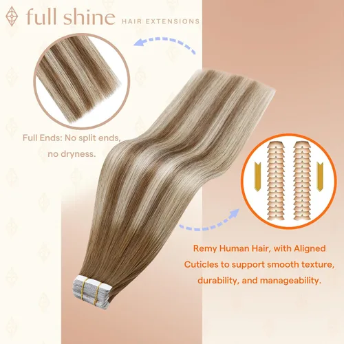 Vista 21 de Full Shine - Extensiones de cabello humano con cinta, mezcla de rubio hongo # 8 castaño ceniza resaltado 60 rubio ceniza