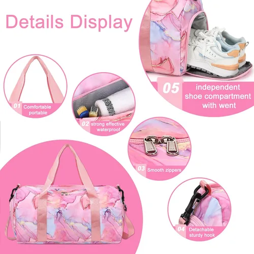 Vista 4 de BLUBOON Bolsa de lona para niñas y niños, bonita bolsa de gimnasio con compartimento para zapatos y separación húmeda, bolsa de viaje deportiva