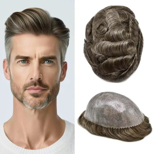 Vista 381 de Toupee para hombre 100% cabello humano real tupé para hombres 0.004 in piel de poliuretano para hombre, sistema de reemplazo de piezas de pelo