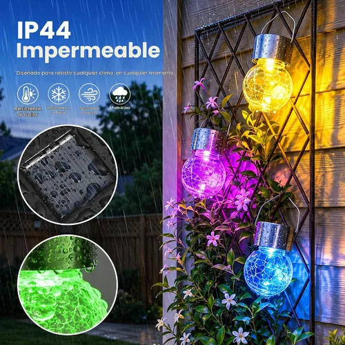 Vista 4 de Solpex Luces solares colgantes al aire libre, paquete de 8 luces decorativas de bola de vidrio agrietado, iluminación solar impermeable, luces