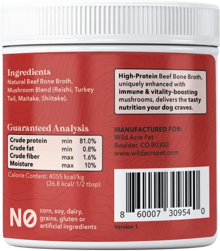 Vista 3 de Wild Acre Caldo de hueso de res prémium para perros, alto contenido en proteínas + colágeno mejorado con mezcla de hongos para huesos fuertes