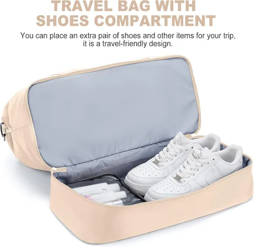 Vista 4 de Bolsas de fin de semana para mujer, bolsas de viaje con compartimento para zapatos, Beige, Bolsa de viaje+neceser