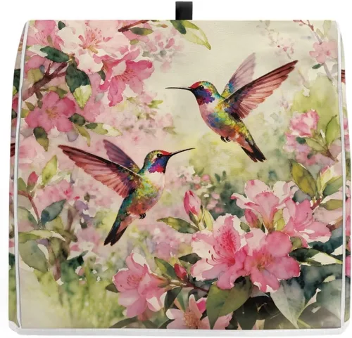 Vista 3 de Cubierta para mezclador de cocina con diseño de flores de pájaros, cubierta para procesador de alimentos con asa superior y bolsillo