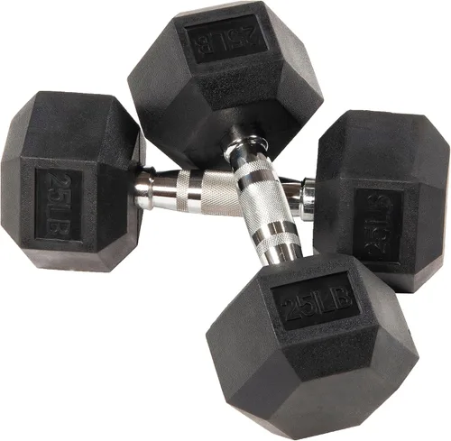 Vista 3 de Fitvids Mancuerna hexagonal con revestimiento de goma, par de 25 libras con estante con marco en A