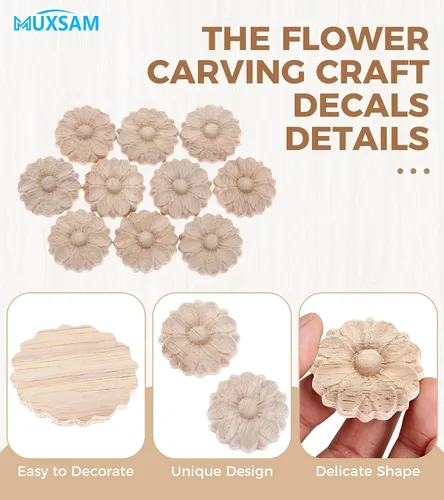 Vista 3 de MUXSAM Paquete de 10 rosetas de madera, apliques pequeños onlay, sin pintar, calcomanías redondas de tallado de flores para el hogar, armarios