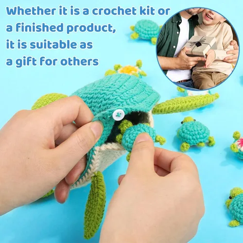 Vista 7 de FOUSNOW Kit de ganchillo para principiantes, kit de 21 piezas de animales de ganchillo de la familia de tortugas para adultos, juego de memoria a