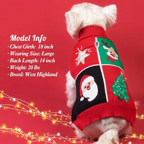 Vista 7 de KYEESE Suéter de Navidad para perros pequeños, cuello alto, bloque de color, ropa de punto para perro con agujero para correa, suéter