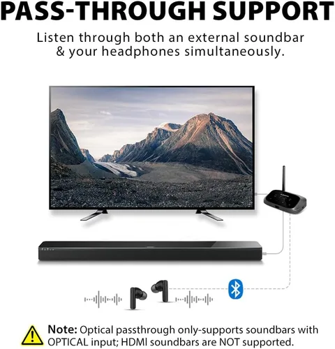 Vista 5 de Avantree Oasis Plus 2 - Transmisor Bluetooth para TV con control remoto de volumen, admite dos auriculares, aptX adaptable, barra de sonido
