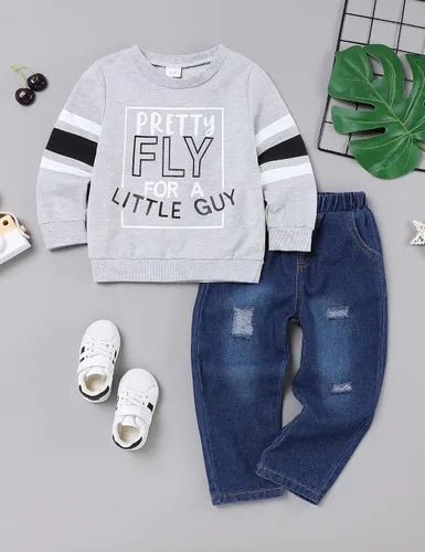 Vista 8 de oklady Ropa para niño pequeño, sudadera de manga larga con letras y pantalones de mezclilla rasgados, trajes de otoño e invierno para niños, 2-6T