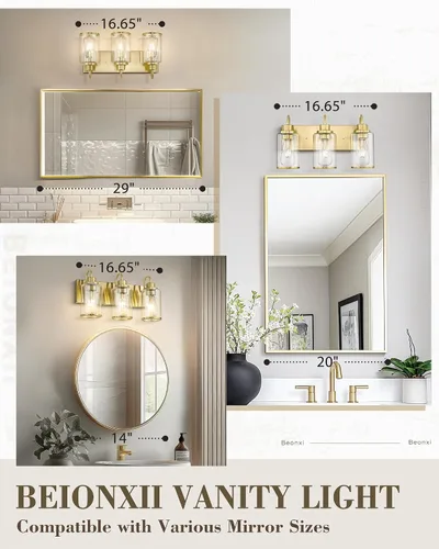 Vista 5 de Beionxii BX-VL01BG-3CG - Lámpara de tocador de baño, 3 lámparas doradas claras con pantalla de cristal transparente, accesorios de iluminación
