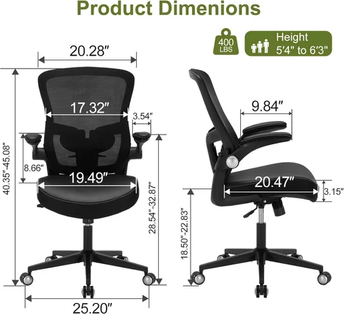 Vista 3 de Ergonomic PU Leather Office Chair, 400lbs Weight Capacity, Breathable Mesh Back, Adjustable Height & Flip-Up Arms, Heavy Duty Computer Desk Chair