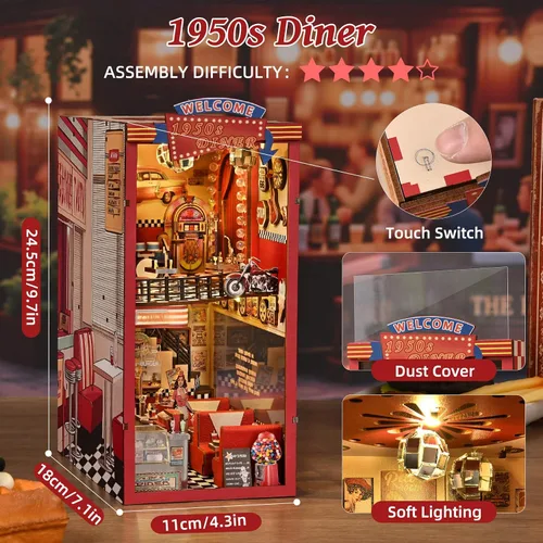 Vista 5 de fifijoy Kit de Rincón de Libros - Kit de Casa en Miniatura DIY para Adultos, Kit de Construcción de Casa Pequeña Cafetería Retro de los años 50