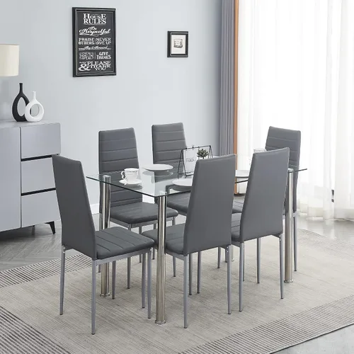 Vista 9 de Juego de mesa y silla de comedor de 7 piezas, juego de mesa de comedor para 6 mesas de cocina con 6 sillas, mesa rectangular de vidrio con 6 sillas
