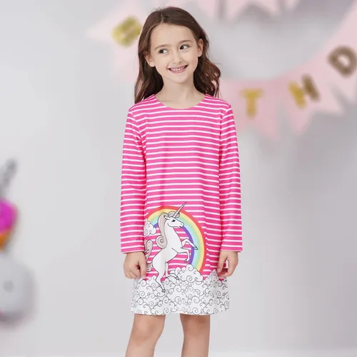 Vista 3 de Quedoris Vestido casual de manga larga con estampado de unicornio para niñas de 4 a 10 años