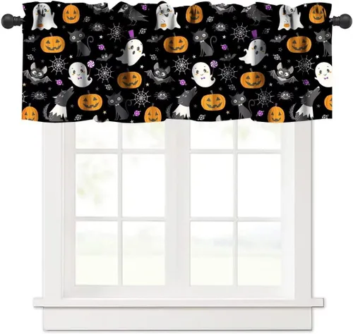 Vista 16 de Cortina de cenefa para fiesta de Halloween, diseño de dibujos animados, lindo fantasma, castillo sombrío, calabaza, murciélago, bolsillo para barra